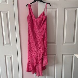 Xscape Fuchsia Asymmetrical Lace Dress
